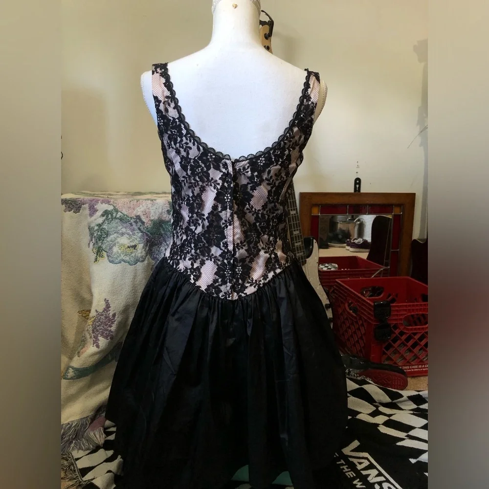 Gunne Sax Blush Pink and Black Lace Evening Dress